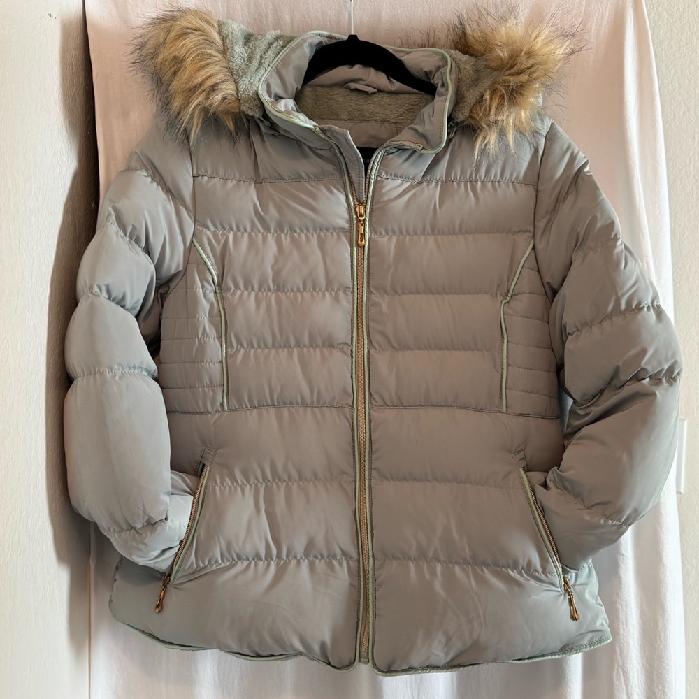 Women's Sage Green Puffer Jacket with Faux Fur Hood